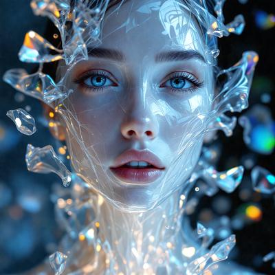 The primary subject of the image is a woman with blue eyes, who is wearing a white mask. The setting is a dark room, and the visual style is a digital art or illustration. The woman's eyes are the dominant colors, and the overall atmosphere is mysterious and intriguing.